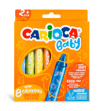 Set creativ de 8 creioane cerate CARIOCA pentru copii de peste 2 ani, cu pigmenți intensi și efect magic de acuarelă prin aplicarea unei pensule umede.