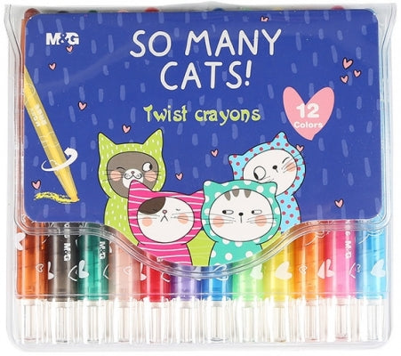 Set de 12 creioane cerate pe bază de ulei cu mecanism de răsucire și utilizare curată, multicolor, organizat într-un etui durabil din PVC cu design So many cats, pentru copii și școală
