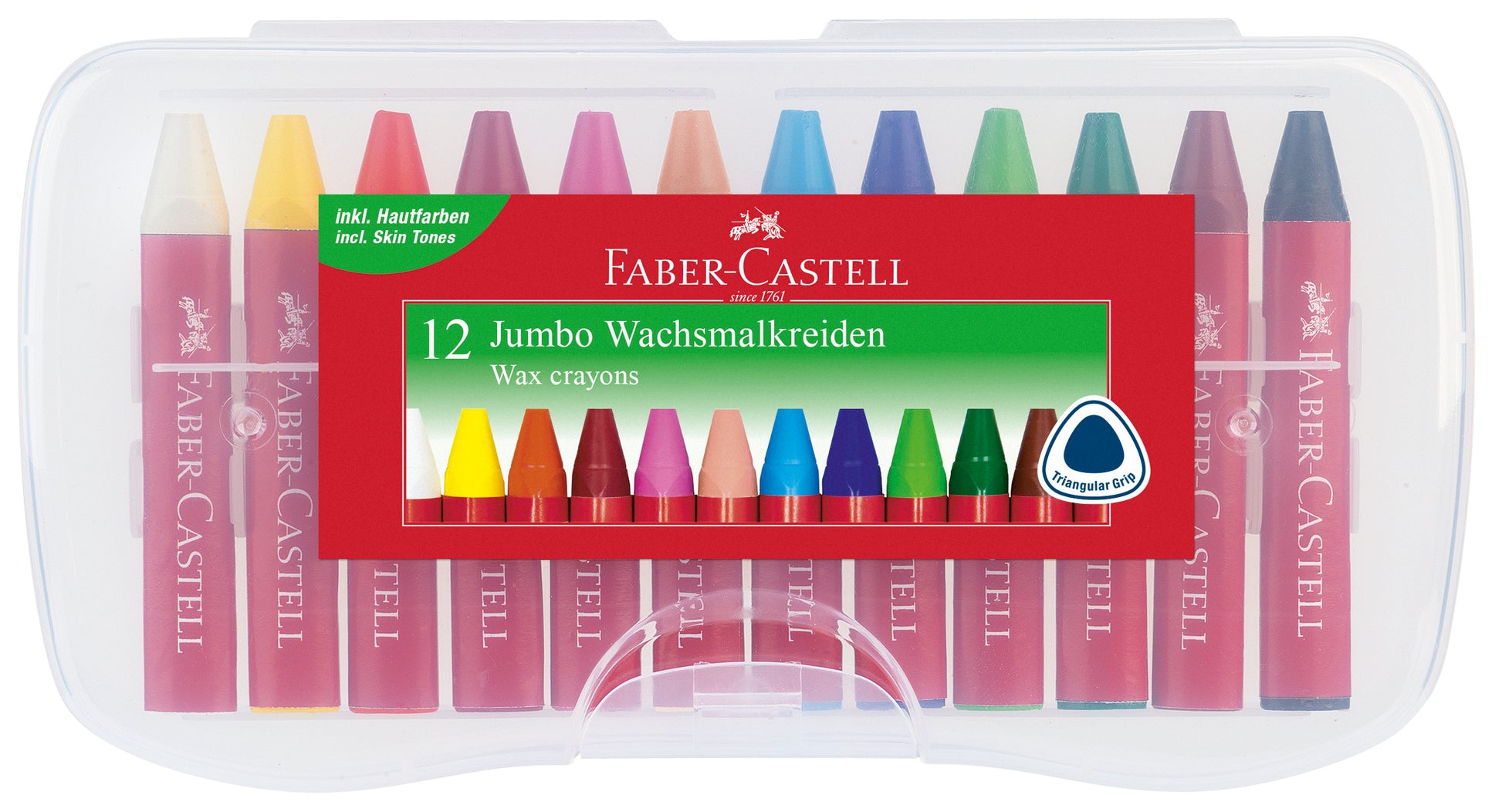 Set de creioane cerate groase de tip Jumbo, cu formă triunghiulară ergonomică și înveliș din hârtie, organizate într-o cutie transparentă și reutilizabilă din plastic, pentru copii și școală