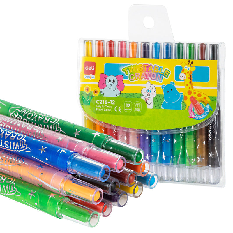 Set de 12 creioane cerate retractabile multicolore marca Deli, cu corp protector din plastic, mecanism de acționare prin rotire, organizate în etui transparent pentru școală și grădiniță