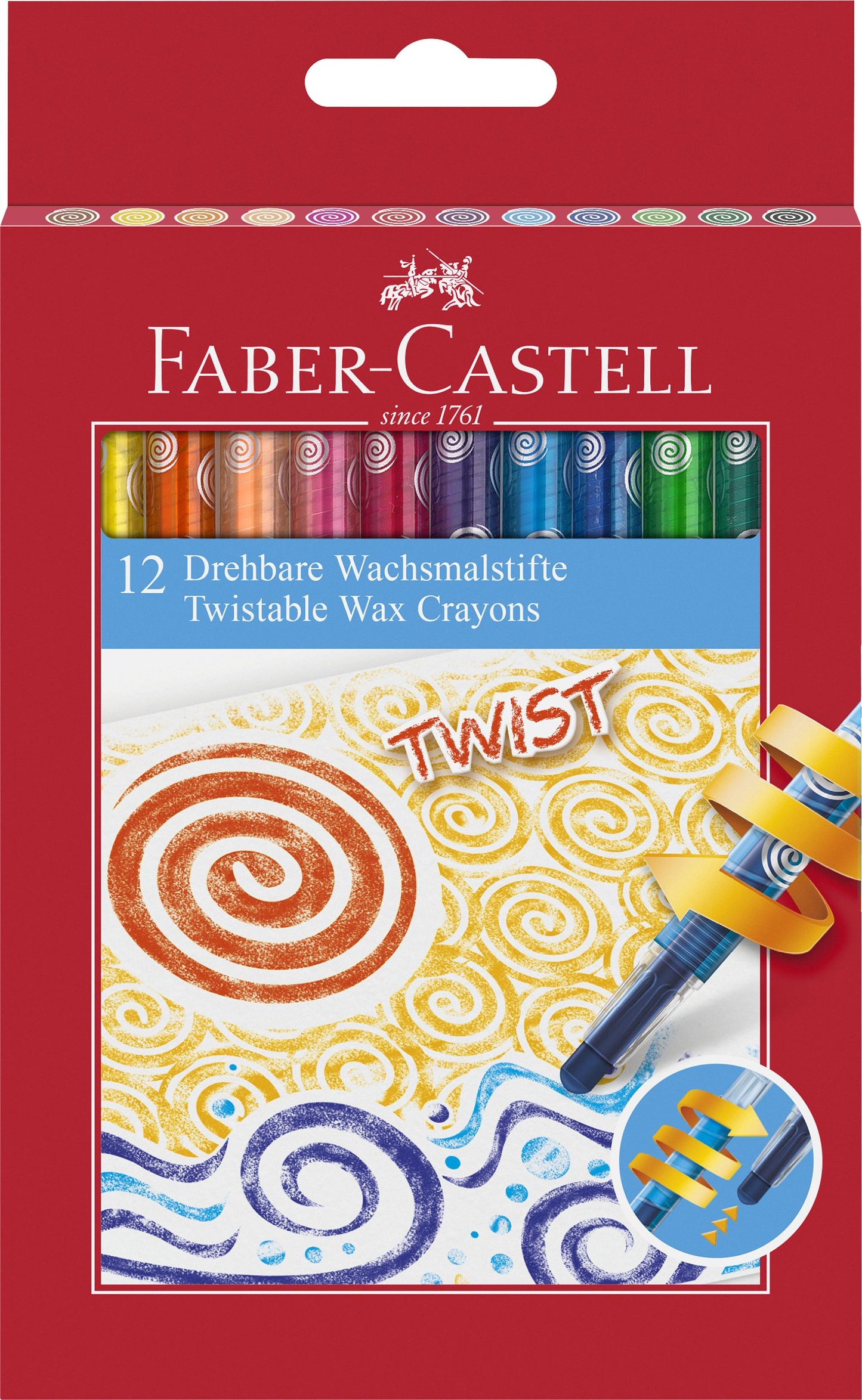 Set de 12 creioane cerate retractabile de dimensiune mare, multicolore, marca Faber-Castell, cu corp protector din plastic și mecanism prin rotire, ideale pentru colorat curat la școală și grădiniță