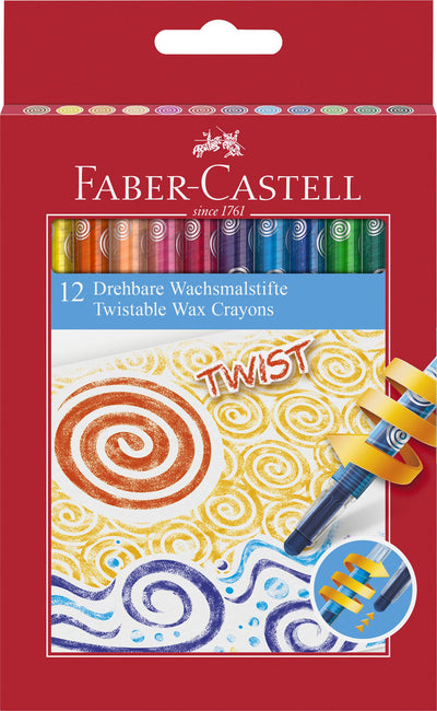 Set de 12 creioane cerate retractabile de dimensiune mare, multicolore, marca Faber-Castell, cu corp protector din plastic și mecanism prin rotire, ideale pentru colorat curat la școală și grădiniță