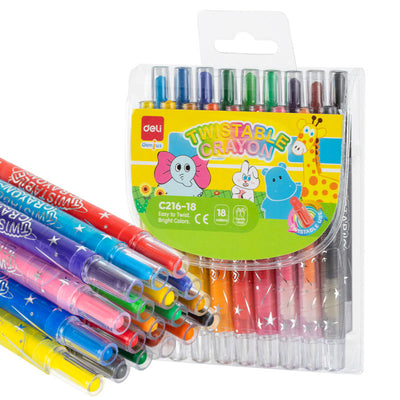 Set de 18 creioane cerate retractabile multicolore marca Deli, cu corp protector din plastic și mecanism de acționare prin rotire, organizate în etui practic pentru școală și grădiniță.