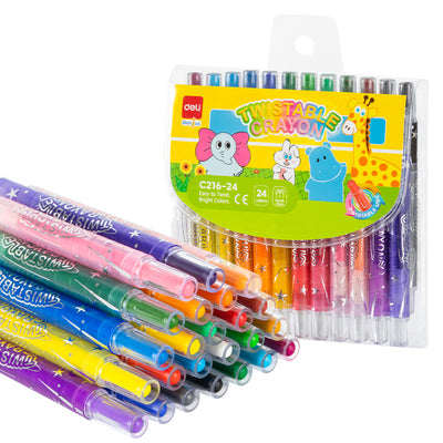 Set extins de 24 de creioane cerate retractabile multicolore marca Deli, cu corp protector din plastic, mecanism de acționare prin rotire, organizate în etui transparent pentru școală și grădiniță.