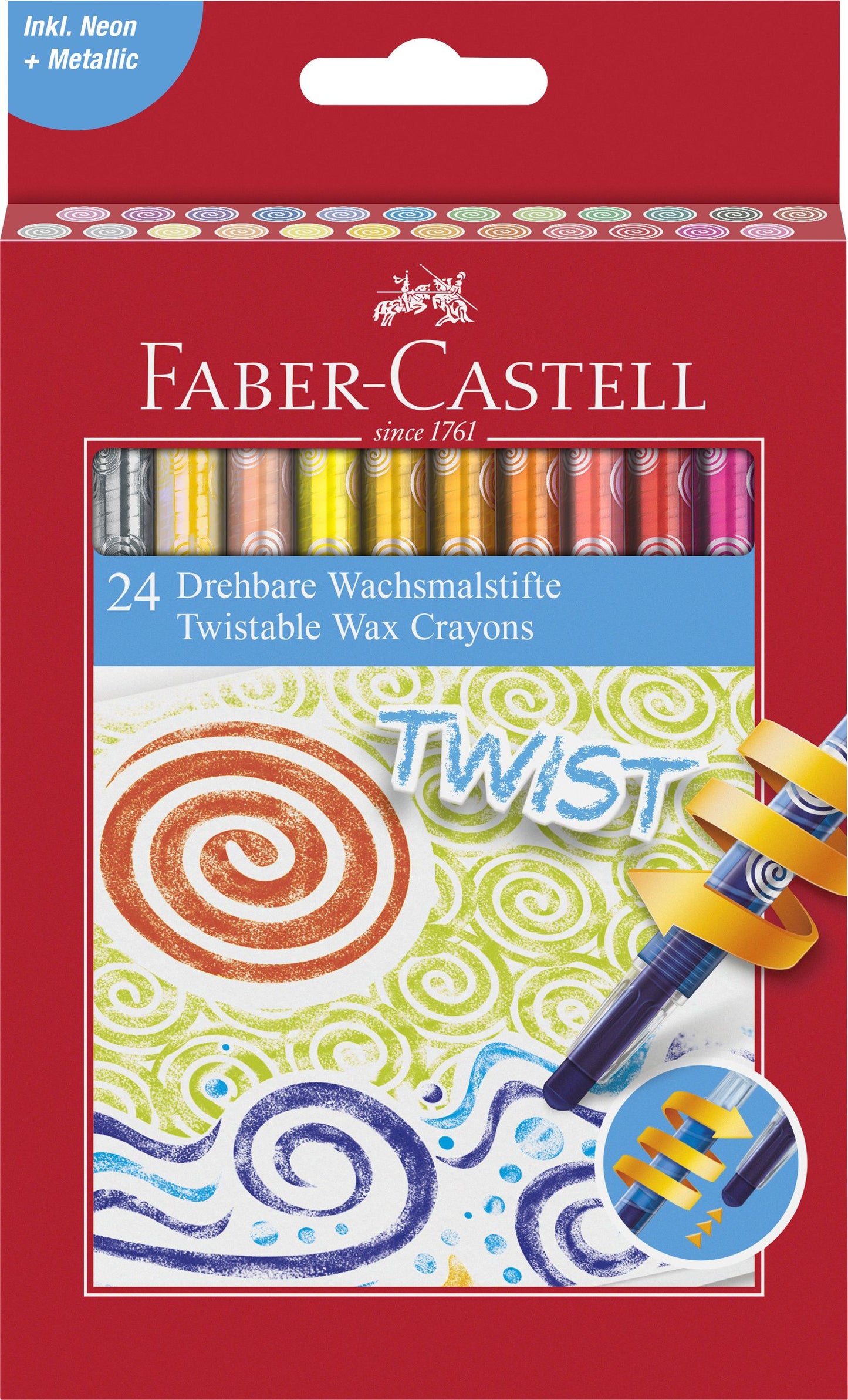 Set premium de 24 de creioane cerate retractabile de dimensiune mare, multicolore, marca Faber-Castell, cu corp protector din plastic și mecanism prin rotire, ideale pentru colorat curat la școală și grădiniță.