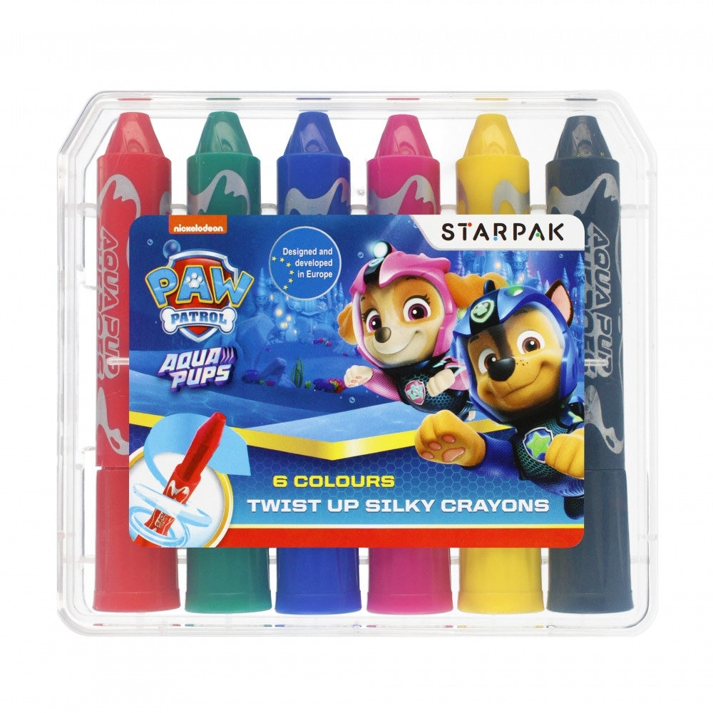 Set de 6 creioane cerate retractabile Twist Off cu licență Paw Patrol de la STARPAK, multicolore, lavabile și solubile în apă, cu corp protector din plastic, pentru copii și grădiniță