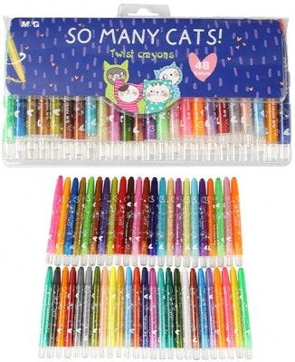 Set complet și masiv de 48 de creioane cerate retractabile Twistable marca M&G, multicolore, cu corp protector decorat cu pisicuțe din gama So many cats, organizate în mapă durabilă din PVC pentru școală și arte plastice.