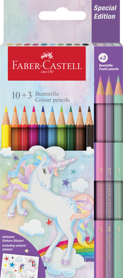Set în ediție specială de 13 creioane colorate hexagonale marca Faber-Castell, tema Unicorni, include 10 culori clasice, 3 nuanțe pastelate și stickere cadou, ambalate în cutie din carton