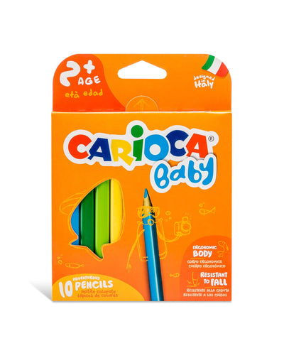 Set de 10 creioane colorate Baby CARIOCA pentru copii de peste 2 ani, cu culori intense, design ergonomic și vârf bont pentru siguranță sporită.