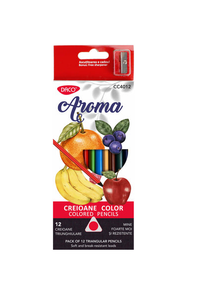 Set creativ de 12 creioane colorate neon și metalice DACO cu corp triunghiular ergonomic anti-rostogolire, mină de 3 mm și ascuțitoare inclusă în pachet.