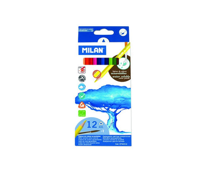 Set de 12 creioane colorate acuarelabile MILAN Aquarell, cu corp triunghiular ergonomic și pensulă inclusă, ideale pentru efecte fluide de pictură pe suport de hârtie