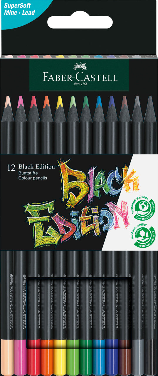 Set de 12 creioane colorate triunghiulare din gama Black Edition de la Faber-Castell, realizate din lemn negru cu mină super moale pentru efecte intense pe hârtie albă și neagră