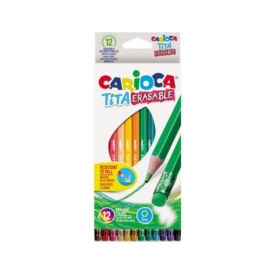 Set practic de 12 creioane colorate CARIOCA cu radieră integrată pe fiecare creion, corp hexagonal ergonomic și mină rezistentă de 3 mm pentru uz școlar.