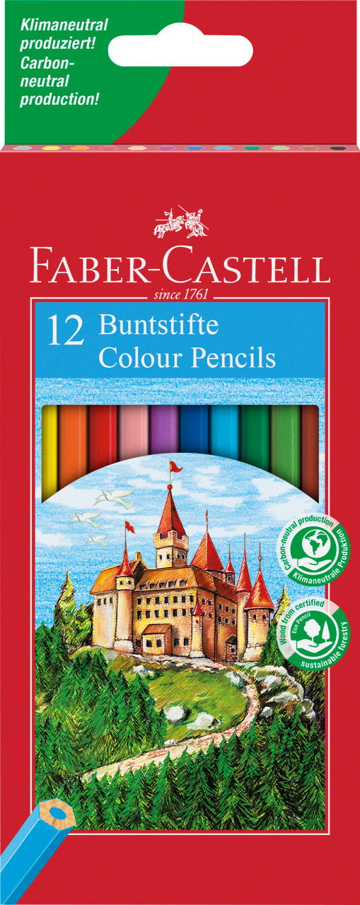 Set de 12 creioane colorate hexagonale marca Faber-Castell, multicolore și non-toxice, cu tehnologie SV de protecție a minei împotriva ruperii și finisaj cu vopsea pe bază de apă