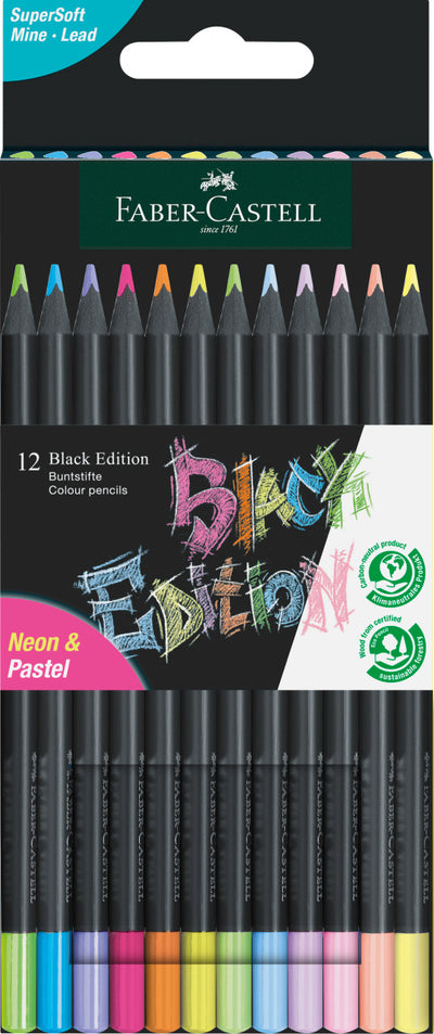 Set de 12 creioane colorate triunghiulare în culori neon și pastel din gama Black Edition de la Faber-Castell, realizate din lemn negru ecologic cu mină super moale pentru efecte intense pe hârtie închisă