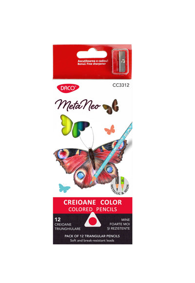 Set creativ de 12 creioane colorate neon și metalice DACO cu corp triunghiular ergonomic anti-rostogolire, mină de 3 mm și ascuțitoare inclusă în pachet