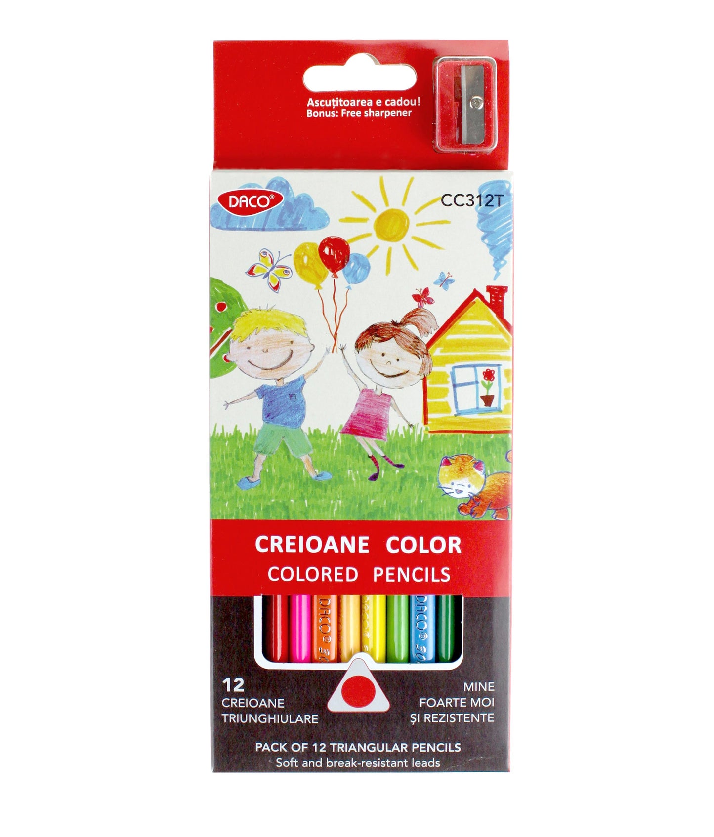 Set practic de 12 creioane colorate triunghiulare DACO cu corp ergonomic anti-rostogolire, mină rezistentă de 3 mm și ascuțitoare inclusă în pachet.