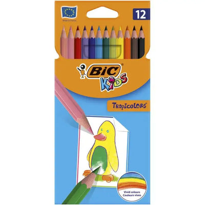 Set de 12 creioane colorate multicolore gama Tropicolors de la BIC, realizate din rășină sintetică fără lemn, rezistente la așchiere și mestecare, recomandate pentru copii peste 5 ani