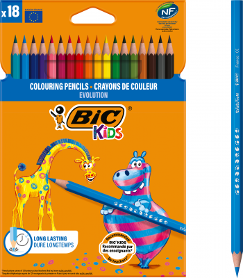 Set de 18 creioane colorate din gama Evolution de la BIC, în culori vii, realizate din rășină sintetică anti-așchiere cu mină ultrarezistentă și corp ușor de ascuțit