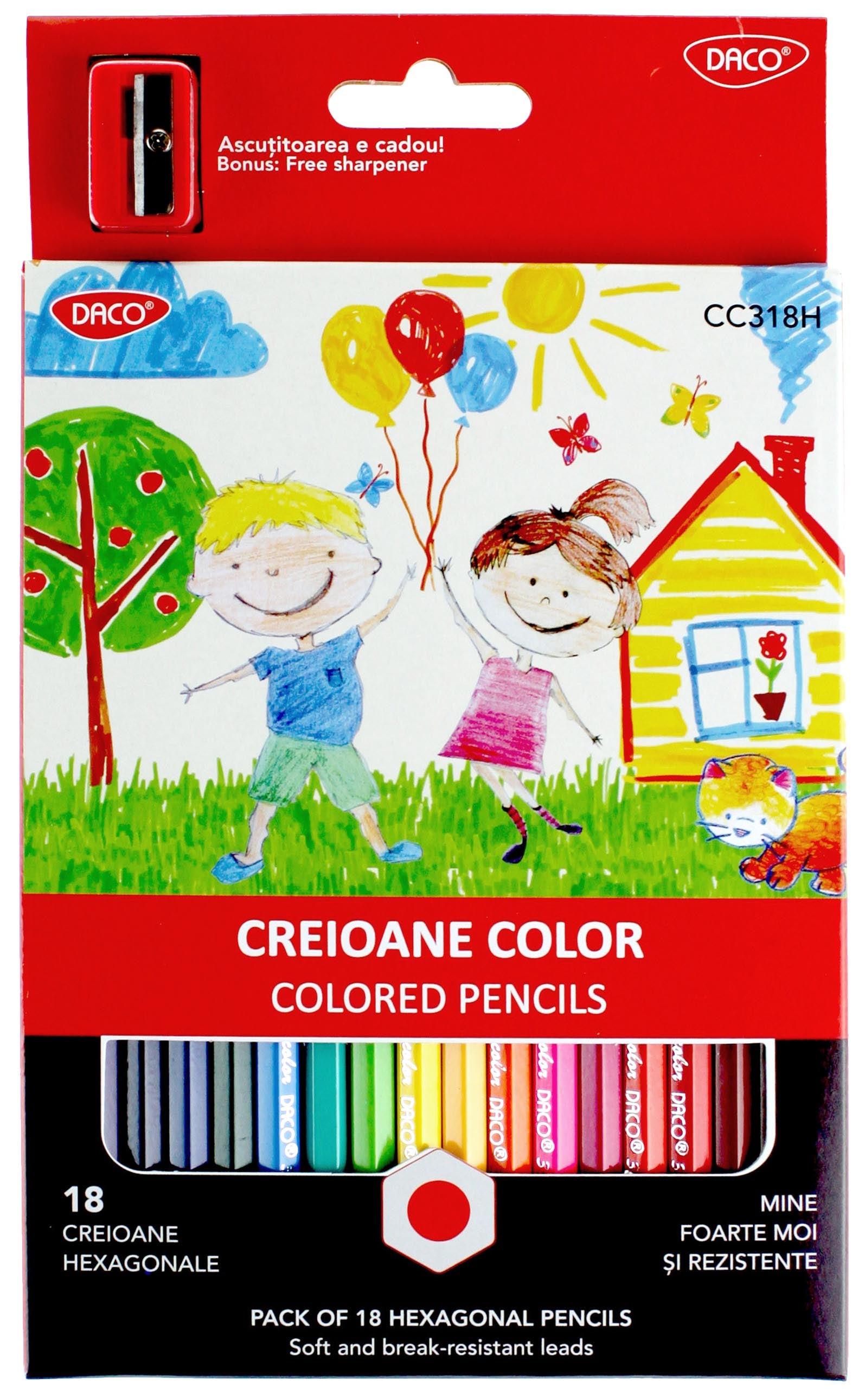 Set complet de 18 creioane colorate hexagonale DACO cu corp ergonomic anti-rostogolire, mină rezistentă de 3 mm și ascuțitoare inclusă în pachet.