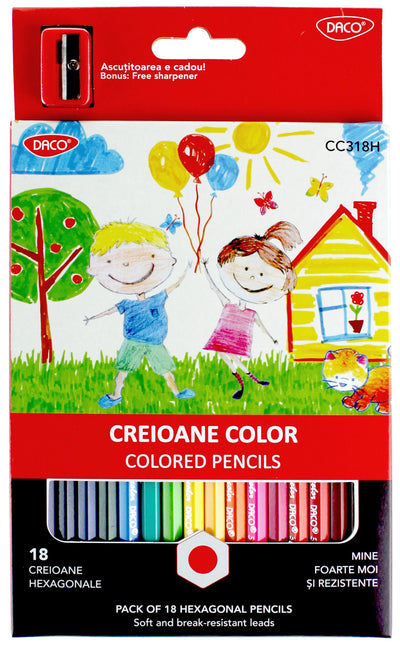 Set complet de 18 creioane colorate hexagonale DACO cu corp ergonomic anti-rostogolire, mină rezistentă de 3 mm și ascuțitoare inclusă în pachet.