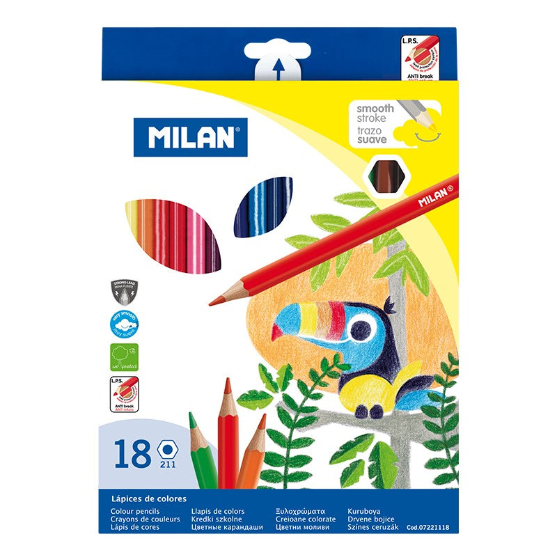 Set complet de 18 creioane colorate hexagonale MILAN cu corp ergonomic anti-rostogolire, mine lucioase și sistem special de lipire totală mină-corp pentru uz școlar