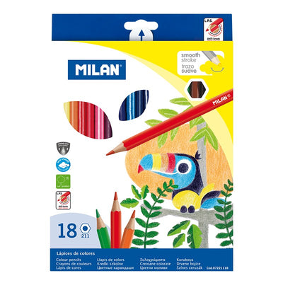 Set complet de 18 creioane colorate hexagonale MILAN cu corp ergonomic anti-rostogolire, mine lucioase și sistem special de lipire totală mină-corp pentru uz școlar