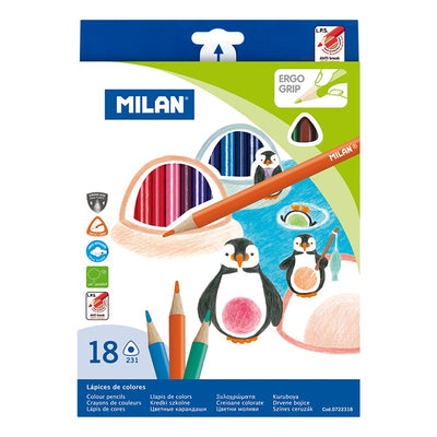 Set complet de 18 creioane colorate triunghiulare MILAN cu corp ergonomic anti-alunecare, mine lucioase și sistem special de lipire totală mină-corp pentru uz școlar