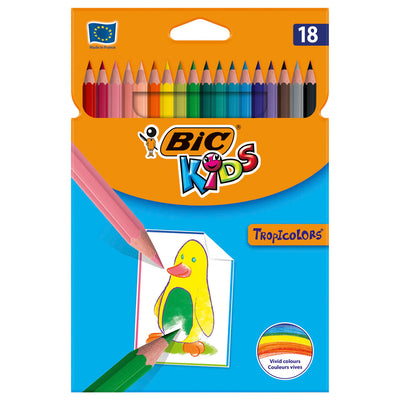 Set de 18 creioane colorate din gama Tropicolors de la BIC, realizate din rășină sintetică fără lemn, rezistente la așchiere și mestecare, în culori vii pentru copii de peste 5 ani