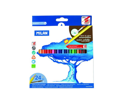 Set creativ de 24 creioane colorate acuarelabile Aquarell MILAN cu corp triunghiular ergonomic, pigmenți hidrosolubili intensi și pensulă inclusă în pachet