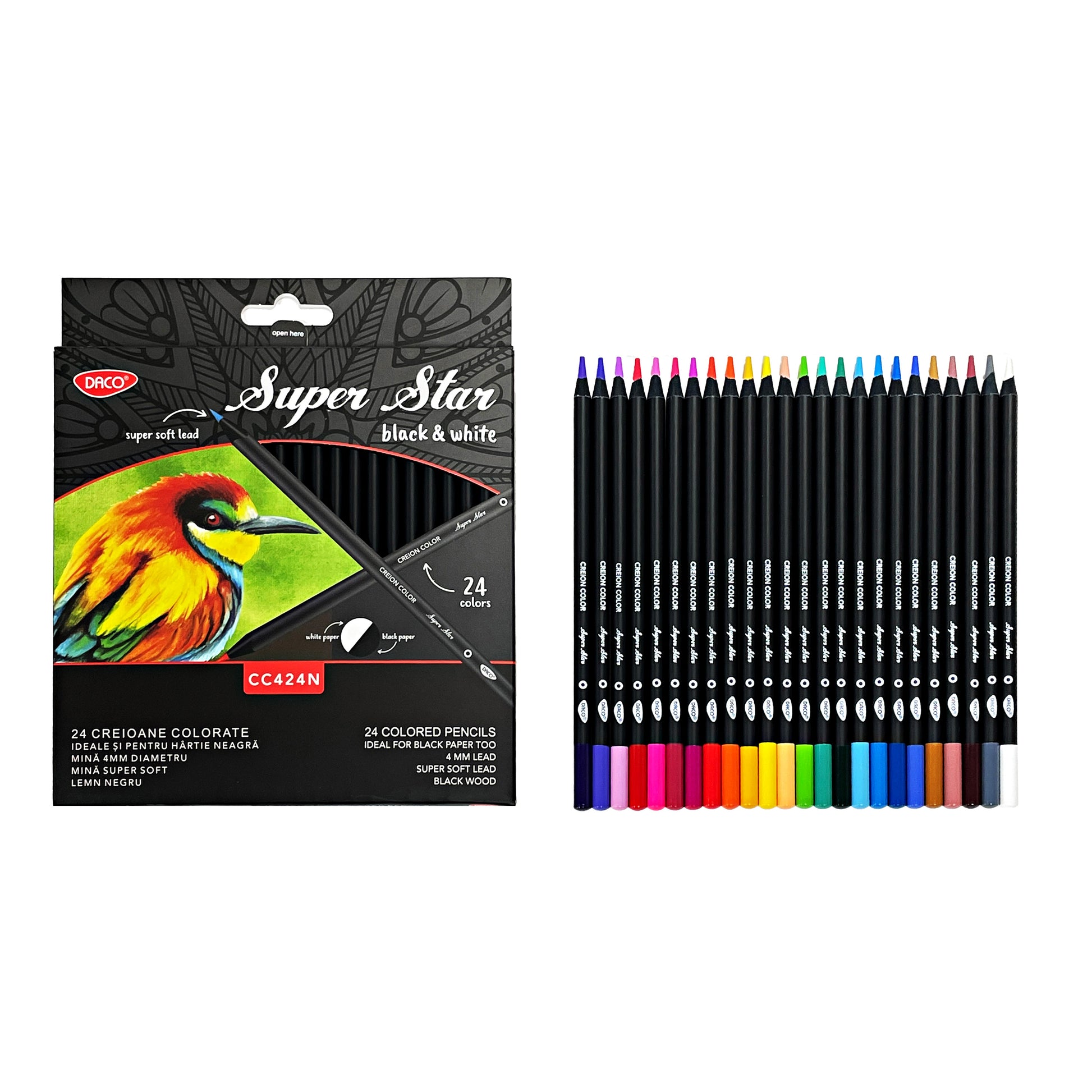 Set premium de 24 creioane colorate Black&White DACO cu corp rotund negru, mină groasă de 4 mm, potrivite pentru hârtie neagră și ascuțitoare inclusă în pachet.
