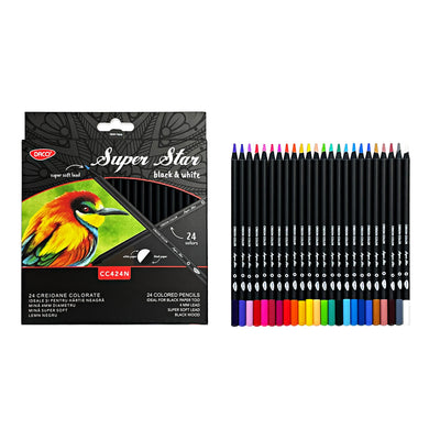 Set premium de 24 creioane colorate Black&White DACO cu corp rotund negru, mină groasă de 4 mm, potrivite pentru hârtie neagră și ascuțitoare inclusă în pachet.