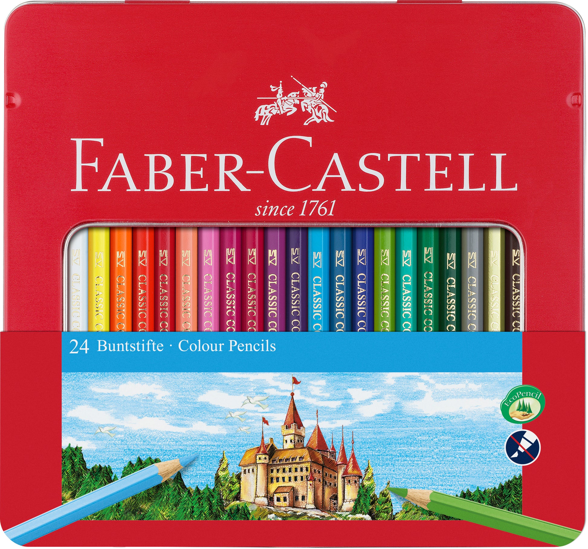 Set de 24 de creioane colorate în culori intense marca Faber-Castell, prezentate într-o cutie metalică atractivă cu fereastră transparentă de vizualizare și tehnologie SV anti-rupere.