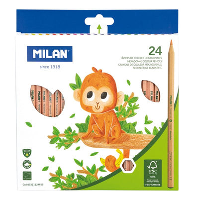 Set complet de 24 creioane colorate hexagonale MILAN cu corp ergonomic pentru prindere fermă, certificate FSC și realizate fără lemn din pădurile tropicale