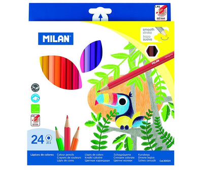 Set complet de 24 creioane colorate hexagonale MILAN cu corp ergonomic anti-rostogolire și culori intense, realizate fără lemn din pădurile tropicale.