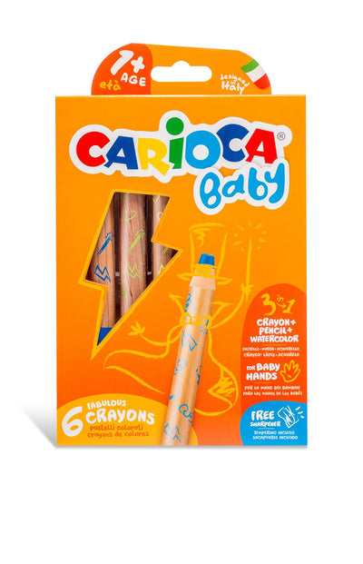 Set de 6 creioane colorate 3 în 1 CARIOCA pentru copii mici de peste 1 an, cu vârf bont de siguranță și trei efecte combinate: creion, pastel și acuarelă.