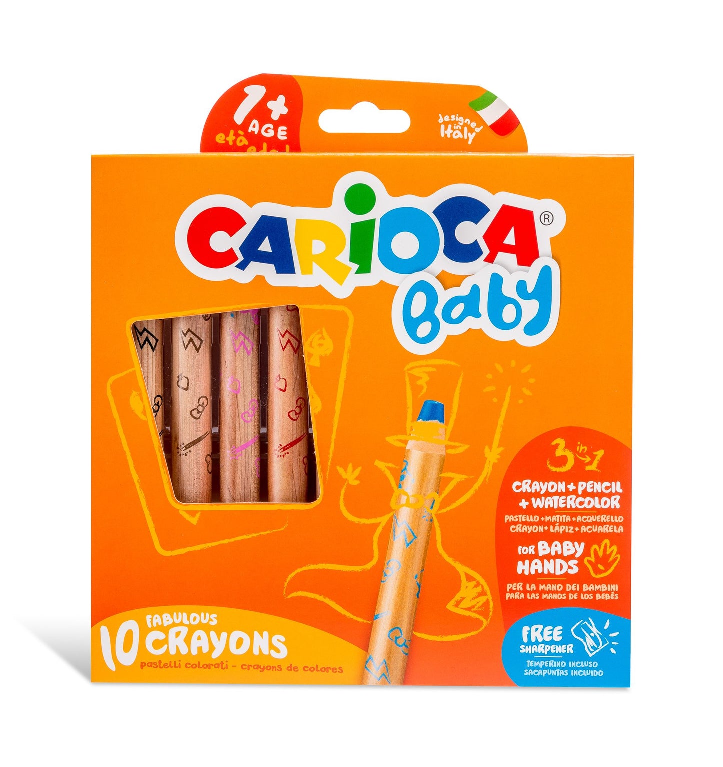 Set de 10 creioane colorate multifuncționale 3 în 1 Baby CARIOCA pentru copii de peste 1 an, utilizabile ca creion, pastel și acuarelă, cu vârf bont de siguranță.