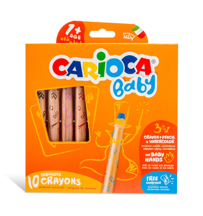 Set de 10 creioane colorate multifuncționale 3 în 1 Baby CARIOCA pentru copii de peste 1 an, utilizabile ca creion, pastel și acuarelă, cu vârf bont de siguranță.