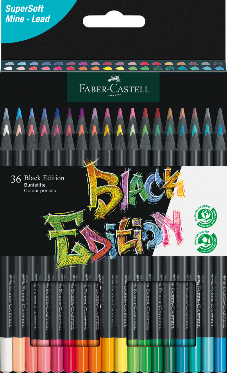 Set extins de 36 de creioane colorate triunghiulare din gama Black Edition de la Faber-Castell, din lemn negru ecologic cu mină super moale pentru așezare netedă pe hârtie albă sau închisă, ambalate în cutie din carton