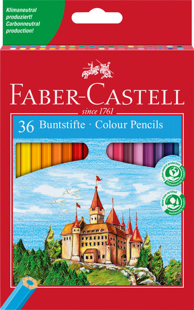 Set extins de 36 de creioane colorate hexagonale Faber-Castell în culori luminoase, realizate din lemn moale de calitate cu vopsea pe bază de apă și tehnologie SV anti-rupere