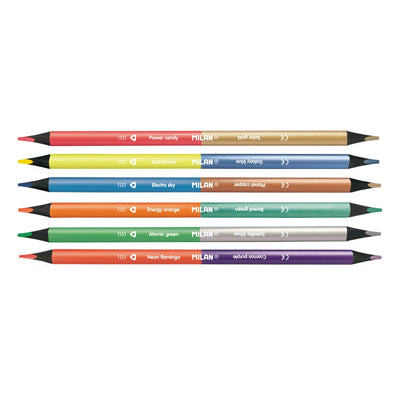 Set de 6 creioane colorate bicolore Fluo-Metal MILAN din lemn negru cu format triunghiular Ergo Grip, oferind 12 culori intense metalice și fluorescente cu mine rezistente la rupere.