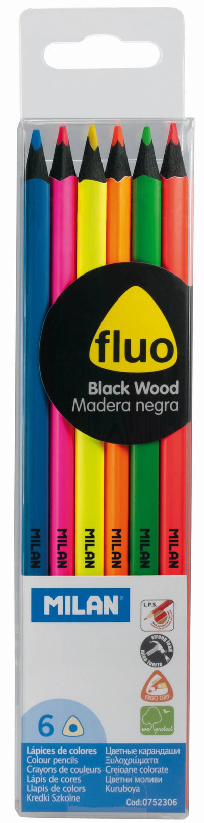 Set modern de 6 creioane colorate fluorescente Fluo MILAN realizate din lemn negru premium, cu mine rezistente la rupere și pigmenți intensi pentru efecte vibrante