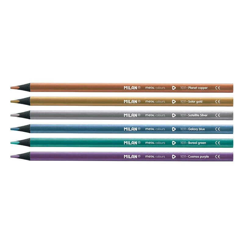 Set creativ de 6 creioane colorate metalizate Metalizat MILAN cu corp rotund ergonomic pentru o prindere confortabilă și pigmenți strălucitori pentru desen și craft