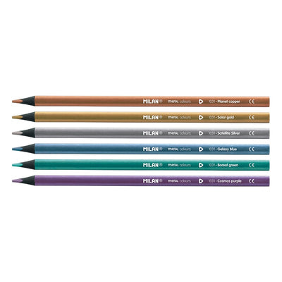 Set creativ de 6 creioane colorate metalizate Metalizat MILAN cu corp rotund ergonomic pentru o prindere confortabilă și pigmenți strălucitori pentru desen și craft
