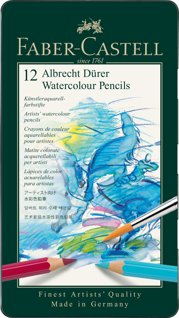 Set profesional de 12 creioane colorate acuarelabile din gama Albrecht Dürer de la Faber-Castell, cu mină groasă de 3.8 mm și pigmenți superiori rezistenți în timp, ambalate în cutie metalică