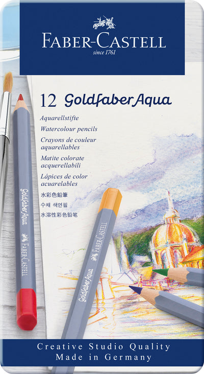 Set de 12 creioane colorate acuarelabile din gama Goldfaber Aqua de la Faber-Castell, în cutie metalică, cu mine moale de 3.3 mm și tehnologie SV anti-rupere.