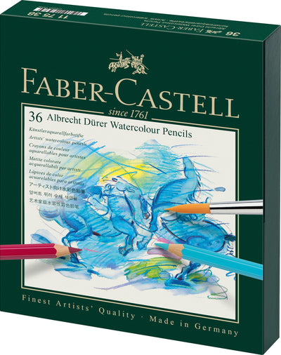 Set profesional de 36 de creioane colorate acuarelabile Albrecht Dürer de la Faber-Castell, organizate în cutie premium Studio cu pensulă inclusă și mine groase de 3.8 mm