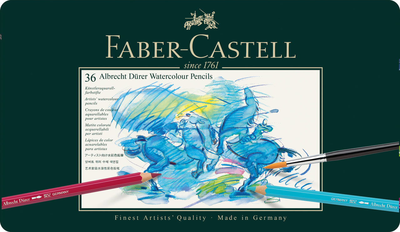 Set extins de 36 de creioane colorate acuarelabile din gama profesională Albrecht Dürer de la Faber-Castell, cu mină groasă de 3.8 mm și pigmenți superiori rezistenți în timp, ambalate în cutie metalică