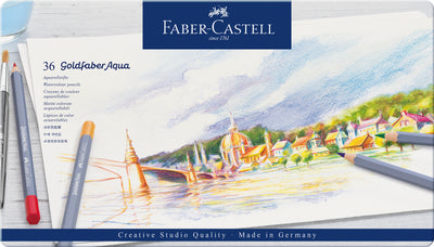 Set extins de 36 de creioane colorate acuarelabile Goldfaber Aqua de la Faber-Castell, organizate în cutie rezistentă din metal, cu mină moale de 3.3 mm și tehnologie SV anti-rupere.