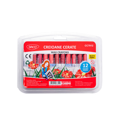Set de 12 creioane colorate cerate DACO pentru copii și elevi, cu lungime de 10 cm, mină groasă de 11 mm, corp rotund și formulă curată care nu murdărește mâinile